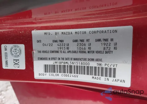 2022 Mazda Mazda3 Premium z USA, uszkodzony, nr VIN JM1BPBML5N1518000